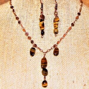 Artisan Copper Chain/Tiger Eye Stones Necklace & Earring Set